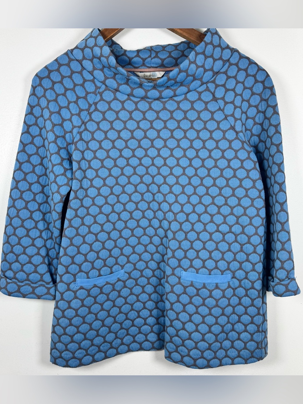 Boden Jersey Jacquard Knit Top Blue Mod Dot 3/4 Sleeve Retro 1960’s Women’s 8
